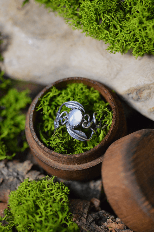 Bague Elfique - Pierre de Lune T50 à 56, feuilles simples