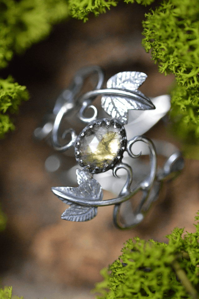 Bague Elfique - Agate mousse T58 à 69, feuilles de lierre