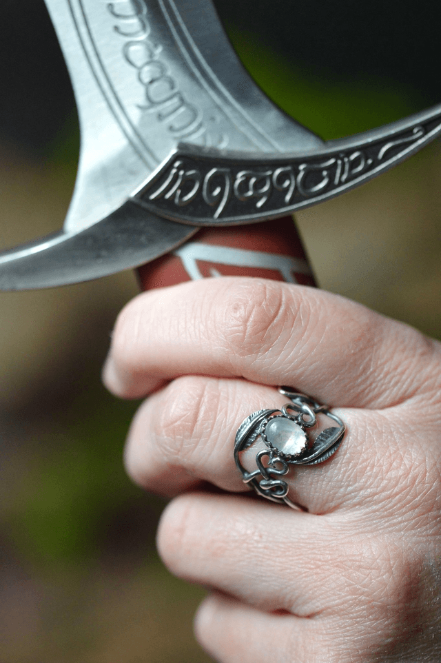 Bague Elfique - Pierre de Lune T50 à 56, feuilles simples