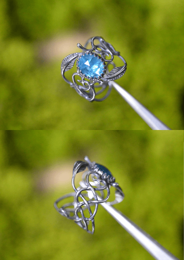 Bague Elfique - Cyanite bleu azur T55 à 63, feuilles simples
