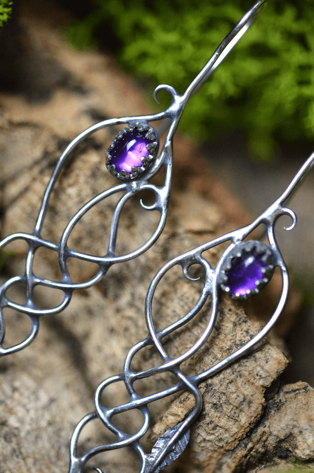 Boucles d'Oreilles Elfique - Améthystes, feuilles simples