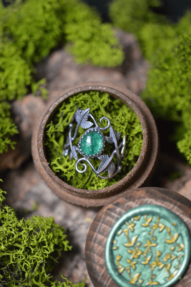 Bague Elfique - Aventurine T59 à 69, feuilles de lierre