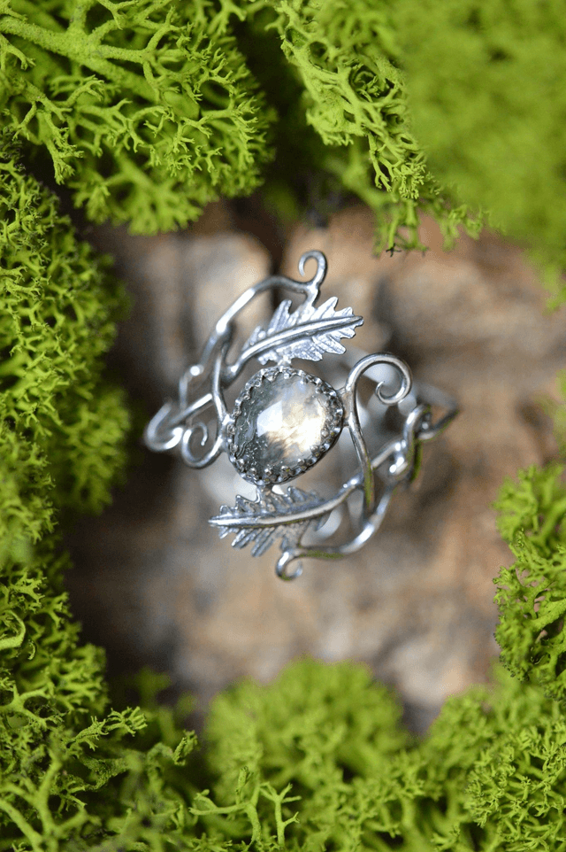 Commande personnalisée pour Manuela - Bague elfique Agate mousse, feuilles de chêne