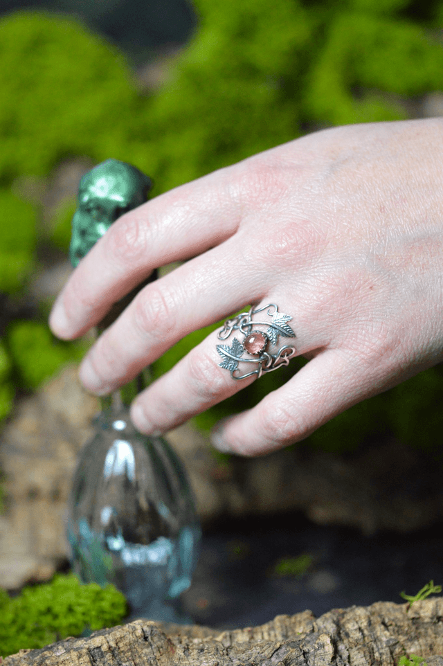 Bague Elfique - Tourmaline rose T49 à 56, feuilles de lierre