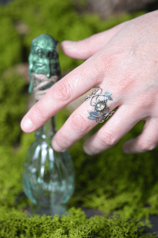 Bague Elfique - Agate mousse T58 à 69, feuilles de lierre