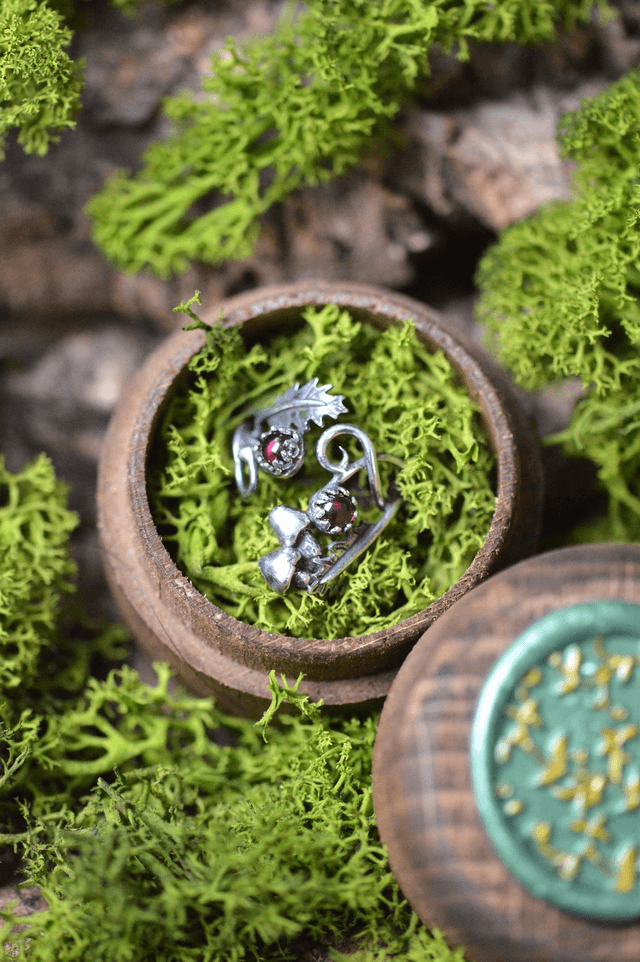 Bague Elfique - Grenat et champignons, T46 à 49
