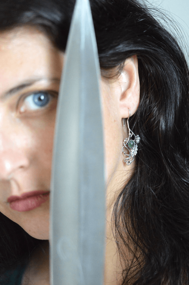 Boucles d'Oreilles Elfique - Emeraude, gland et feuilles de chêne