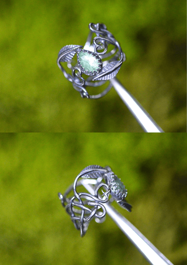 Bague Elfique - Cyanite verte T53 à 59, feuilles simples