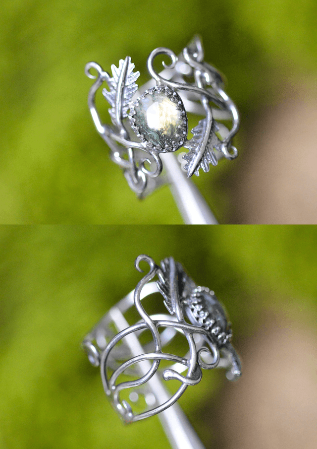 Commande personnalisée pour Manuela - Bague elfique Agate mousse, feuilles de chêne