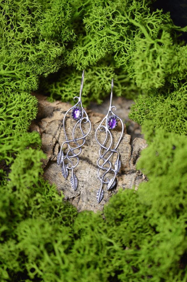 Boucles d'Oreilles Elfique - Améthystes, feuilles simples