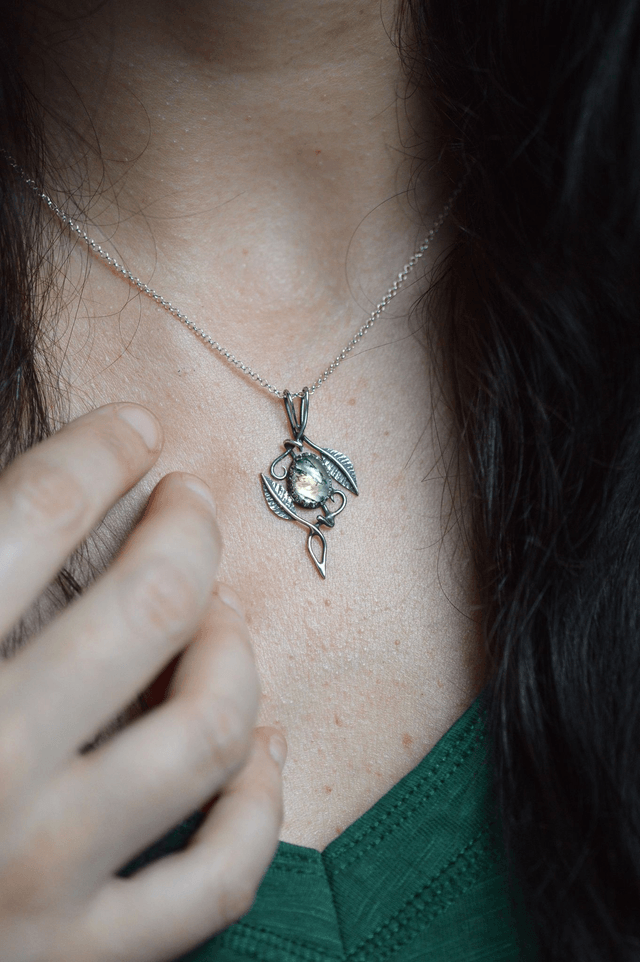 Pendentif Elfique - Agate mousse, feuilles simples