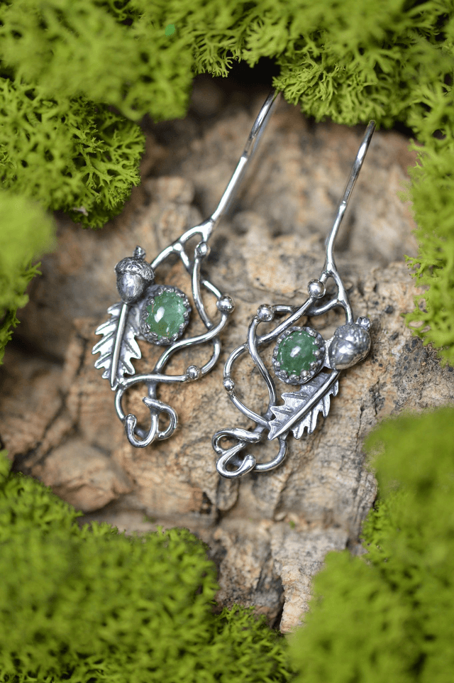 Boucles d'Oreilles Elfique - Emeraude, gland et feuilles de chêne