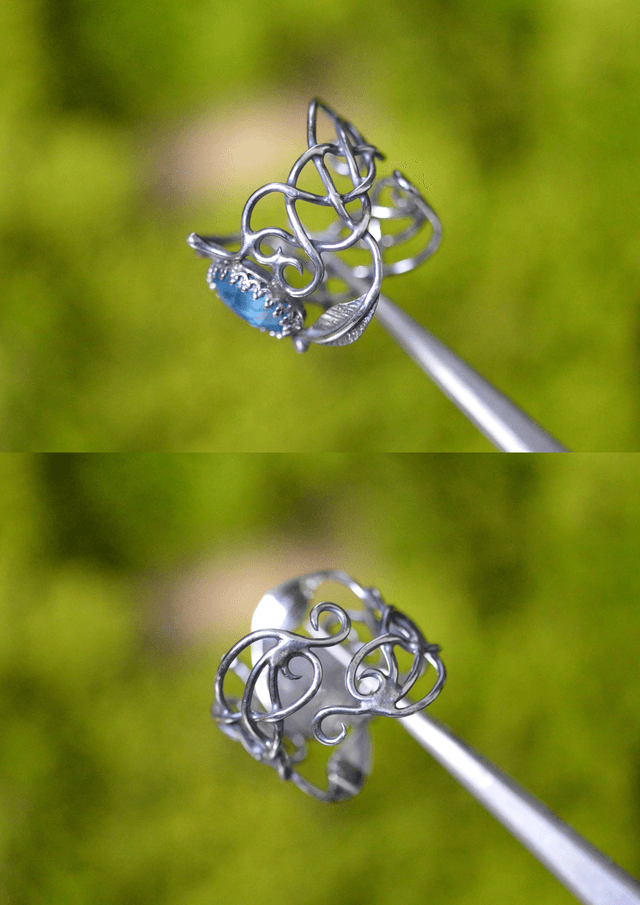 Bague Elfique - Cyanite bleu azur T55 à 63, feuilles simples
