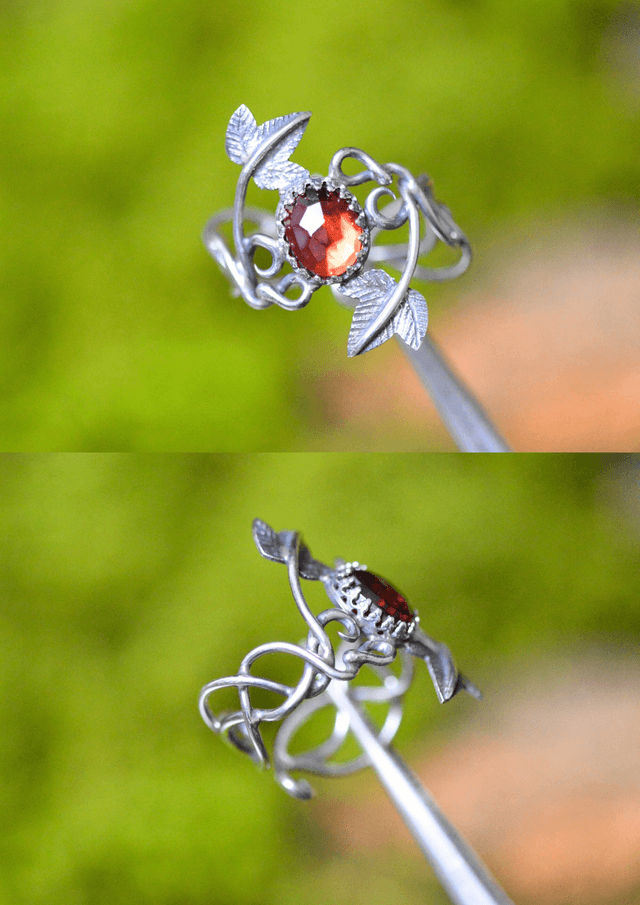 Bague Elfique - Grenat T54 à 62, feuilles de lierre