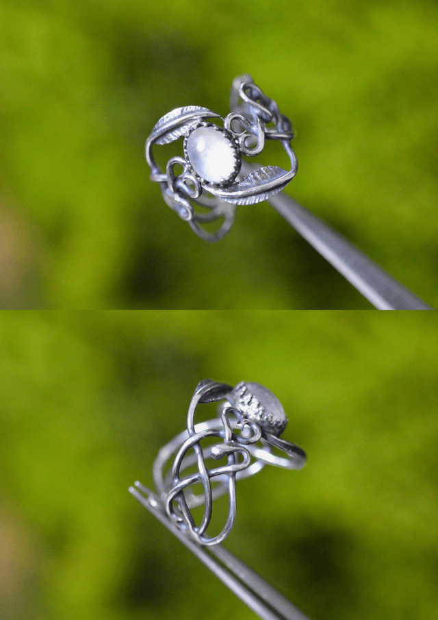 Bague Elfique - Pierre de Lune T50 à 56, feuilles simples