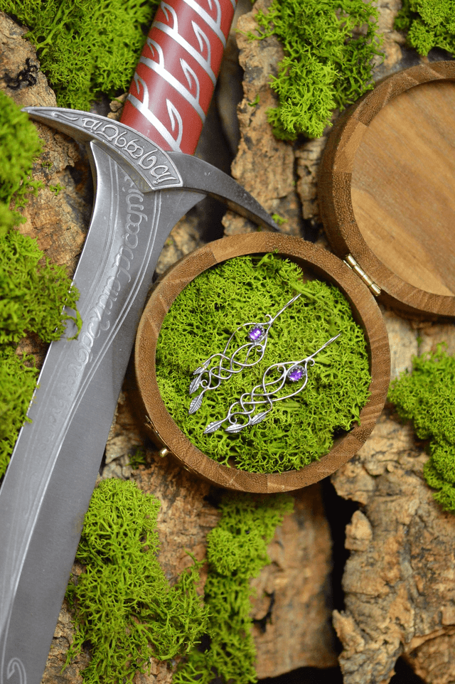 Boucles d'Oreilles Elfique - Améthystes, feuilles simples