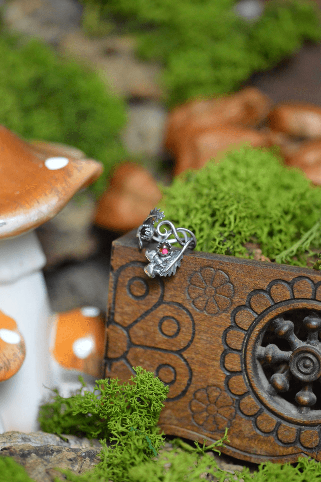 Bague Elfique - Grenat et champignons, T46 à 49