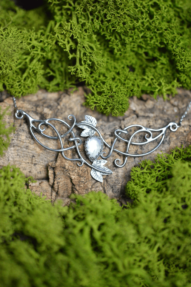 Collier Elfique - Pierre de Lune, feuilles de lierre