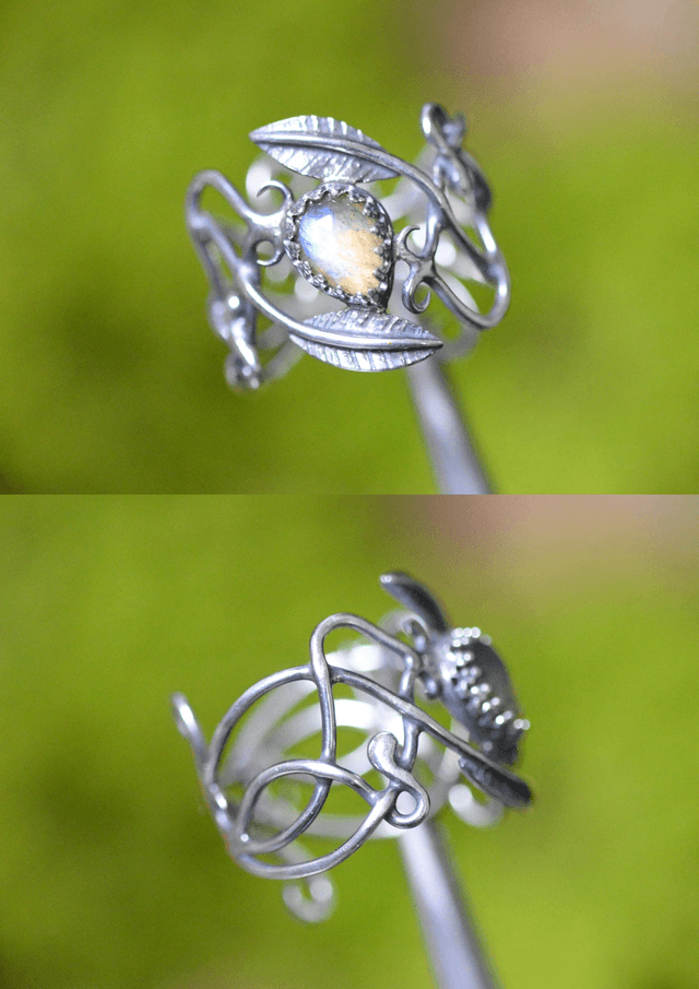 Bague Elfique - Labradorite T56 à 64, feuilles simples