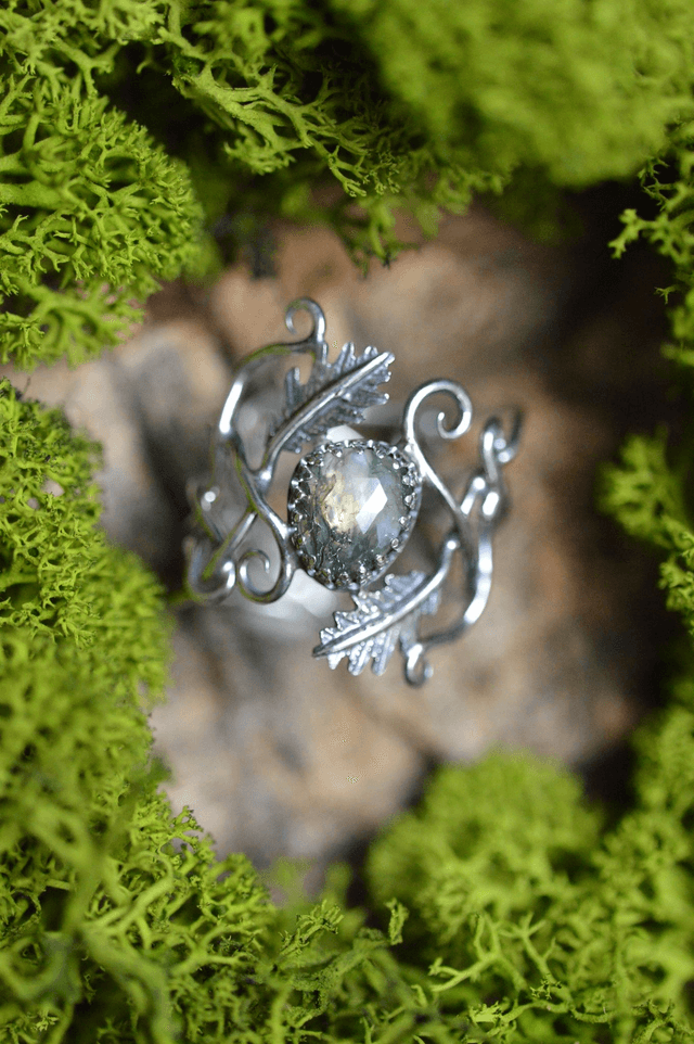 Commande personnalisée pour Manuela - Bague elfique Agate mousse, feuilles de chêne