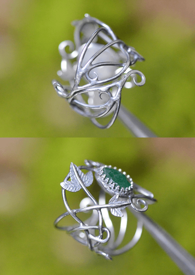 Bague Elfique - Aventurine T59 à 69, feuilles de lierre