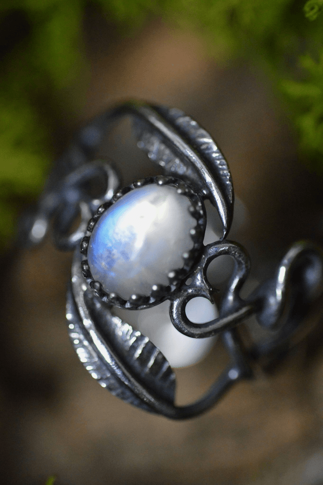 Bague Elfique - Pierre de Lune T50 à 56, feuilles simples