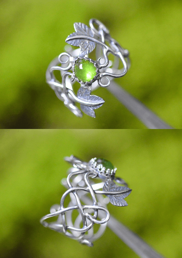 Bague Elfique - Tourmaline verte T59 à 69, feuilles de lierre