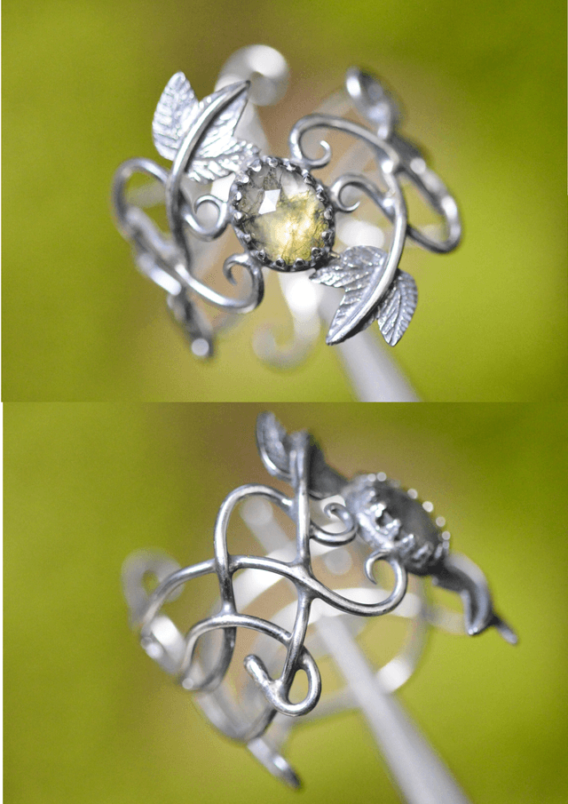 Bague Elfique - Agate mousse T58 à 69, feuilles de lierre