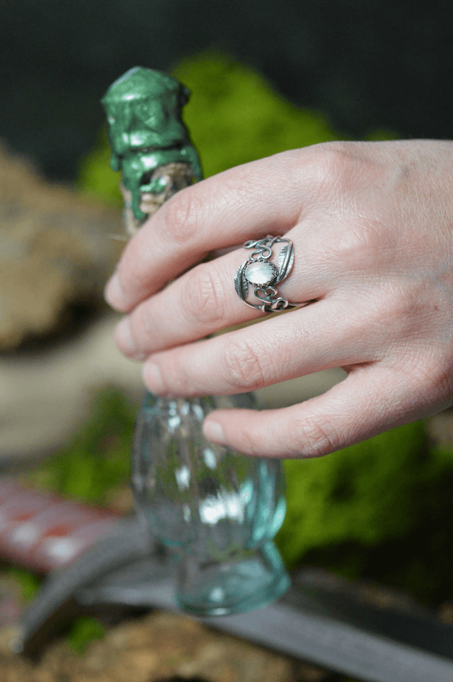 Bague Elfique - Pierre de Lune T50 à 56, feuilles simples