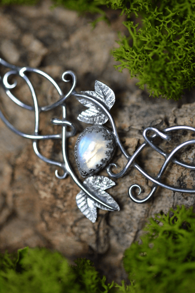 Collier Elfique - Pierre de Lune, feuilles de lierre