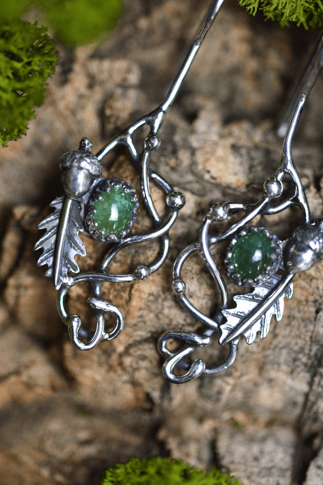 Boucles d'Oreilles Elfique - Emeraude, gland et feuilles de chêne