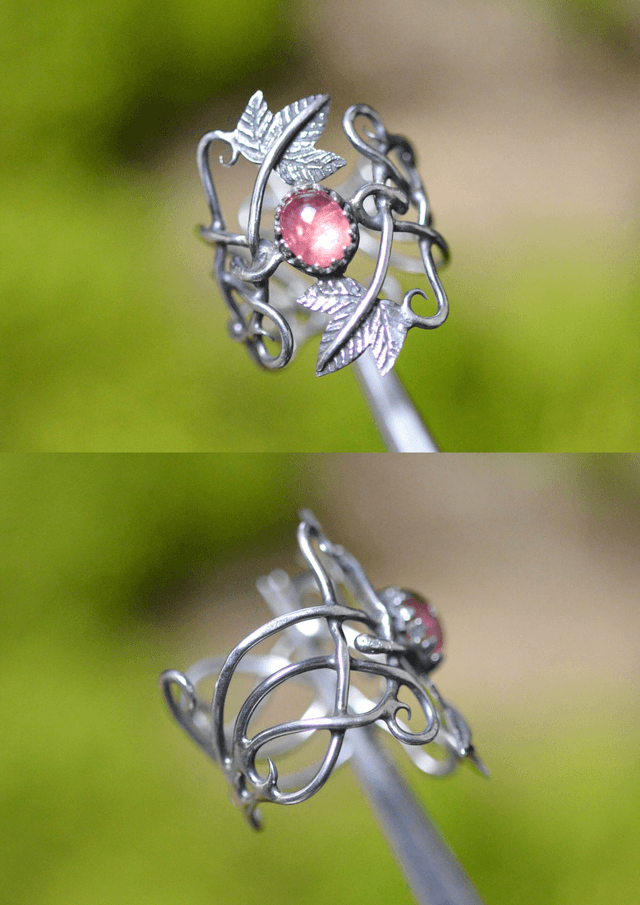 Bague Elfique - Tourmaline rose T49 à 56, feuilles de lierre