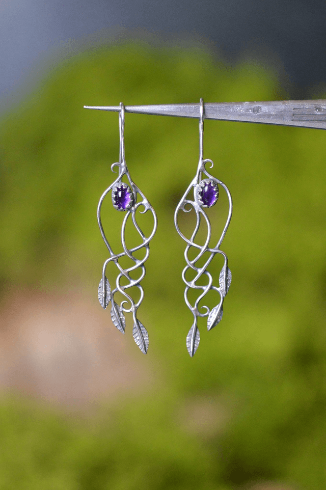 Boucles d'Oreilles Elfique - Améthystes, feuilles simples