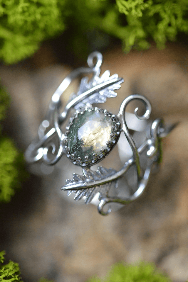 Commande personnalisée pour Manuela - Bague elfique Agate mousse, feuilles de chêne