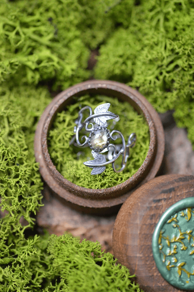 Bague Elfique - Agate mousse T58 à 69, feuilles de lierre