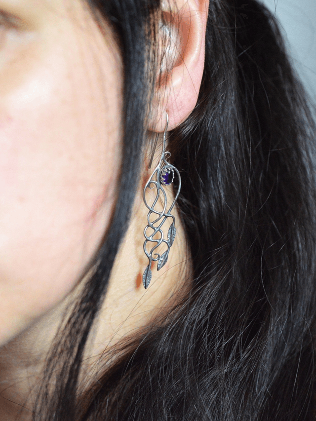 Boucles d'Oreilles Elfique - Améthystes, feuilles simples